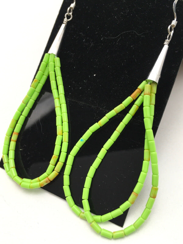 Liquid Silver Heishi Dangle Green Gaspeite 2S Earrings 2.5" | Sterling Silver | Authentic Native American Handmade | 4370