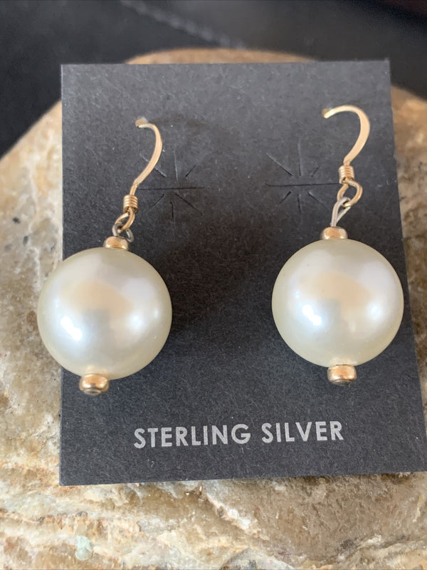 Women White Cultured Pearl Gold Filled Bead Dangle Earrings 1" | Authentic Native American Handmade | 13038