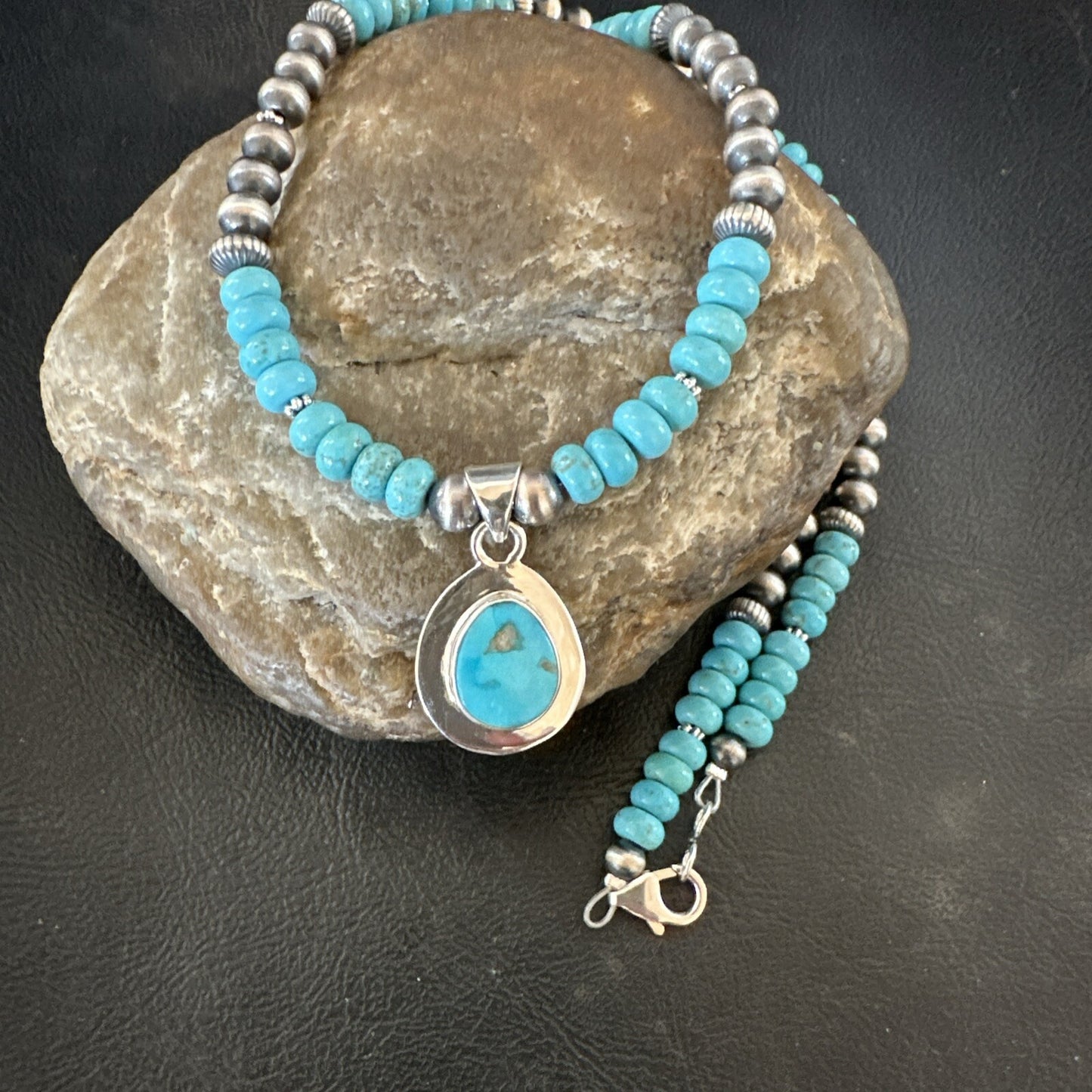 Mens Blue Kingman Turquoise Pendant Navajo Sterling Silver Necklace 21" 17903
