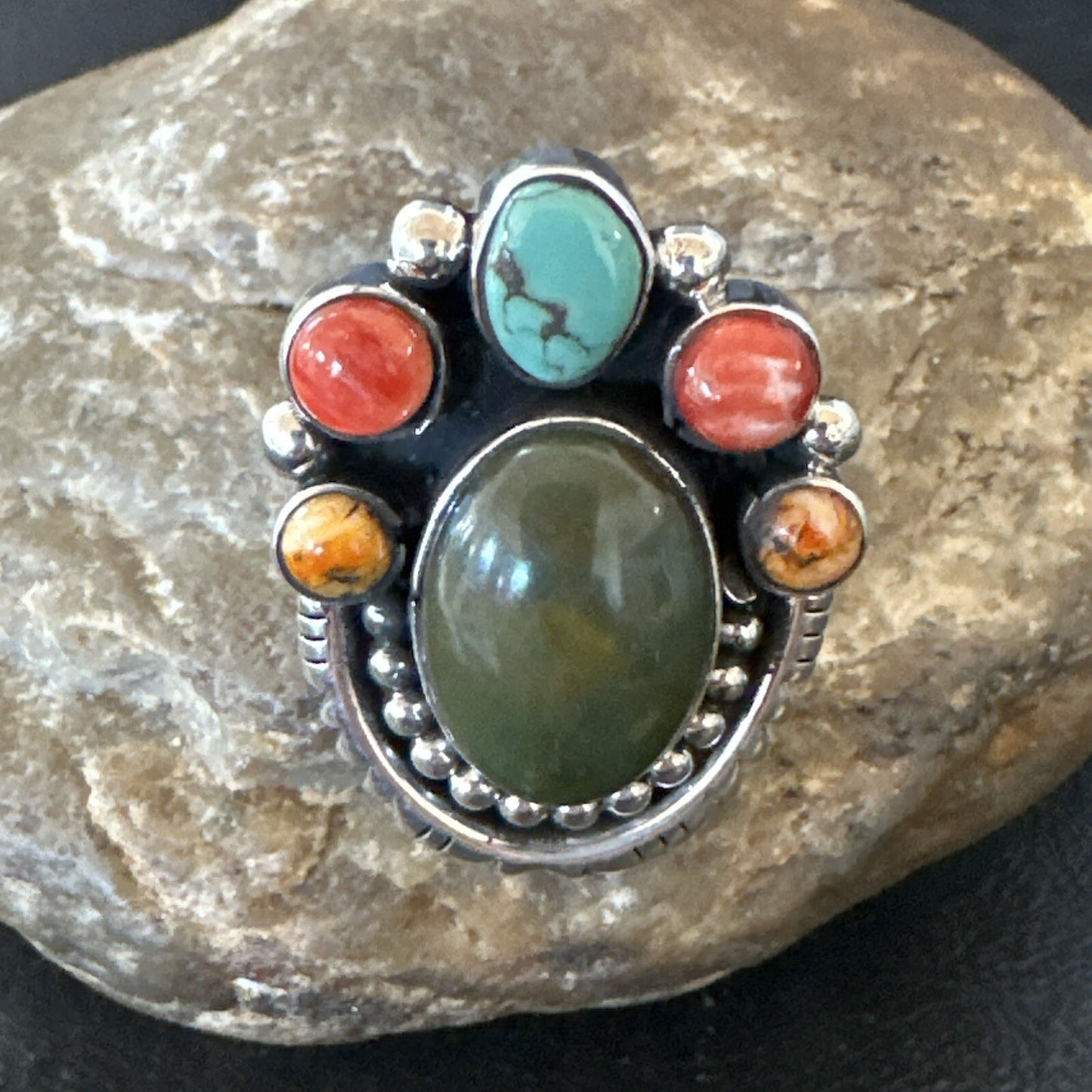 Cluster Blue Turquoise Spiny Oyster Sterling Silver Ring Size 8 18567