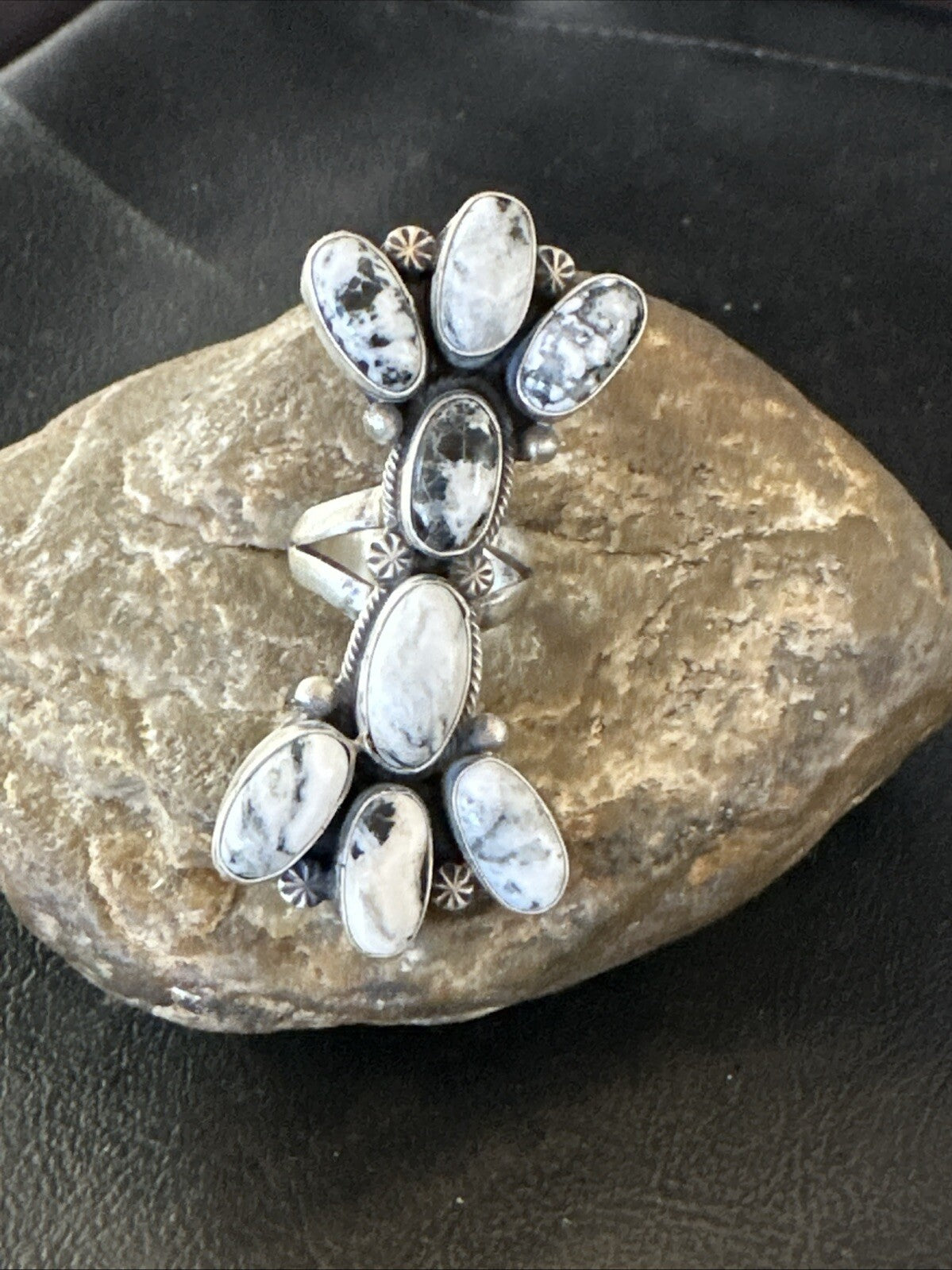 White Buffalo Turquoise Navajo Sterling Silver Cluster Ring Size 6.5 18623