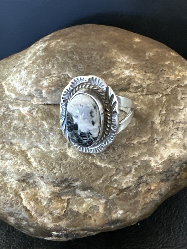 Women's White Buffalo Turquoise Navajo Ring Size 7 | Sterling Silver | Authentic Native American Handmade | 18586