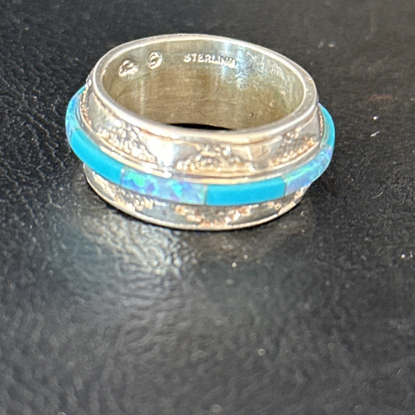 Turquoise & Opal Inlay Navajo Sterling Silver Eternity Band Ring Size 8 14542