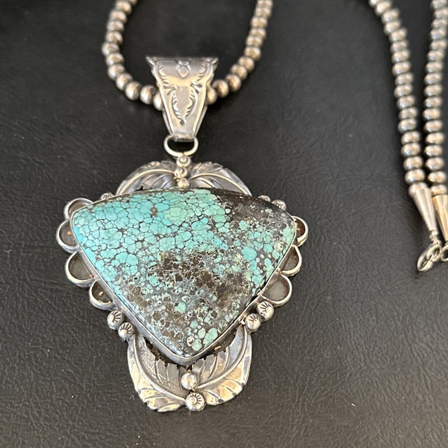 Blue Spiderweb Turquoise Pendant Navajo Pearls Sterling Silver Necklace 14807
