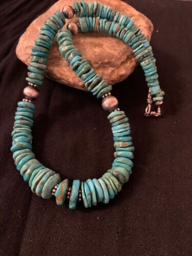Navajo Blue Turquoise Graduated Necklace Silver 18" | Sterling Silver | Authentic Native American Handmade | 4663