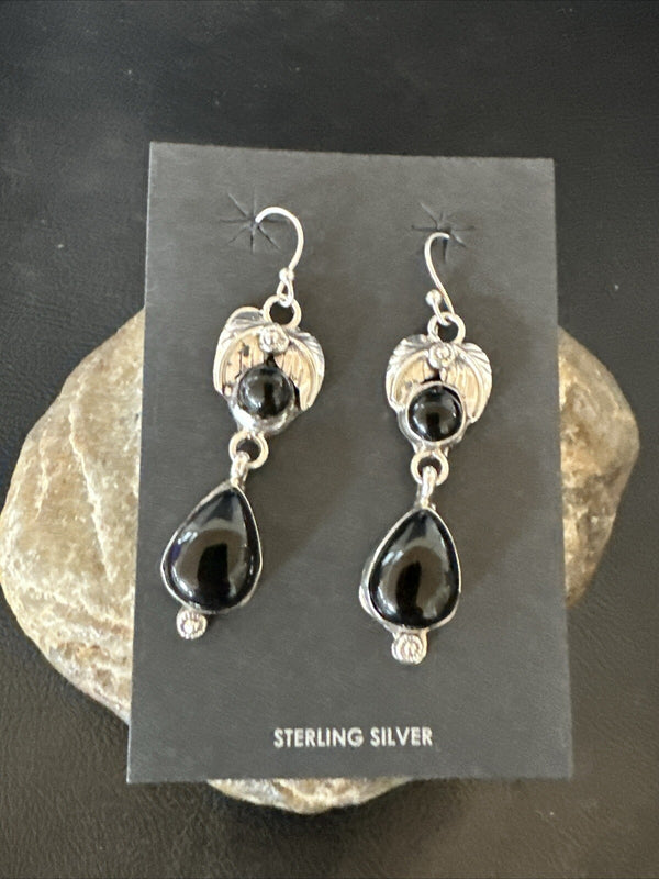 Black Onyx Navajo Dangle Earrings 1.5" | Sterling Silver | Authentic Native American Handmade | 18284