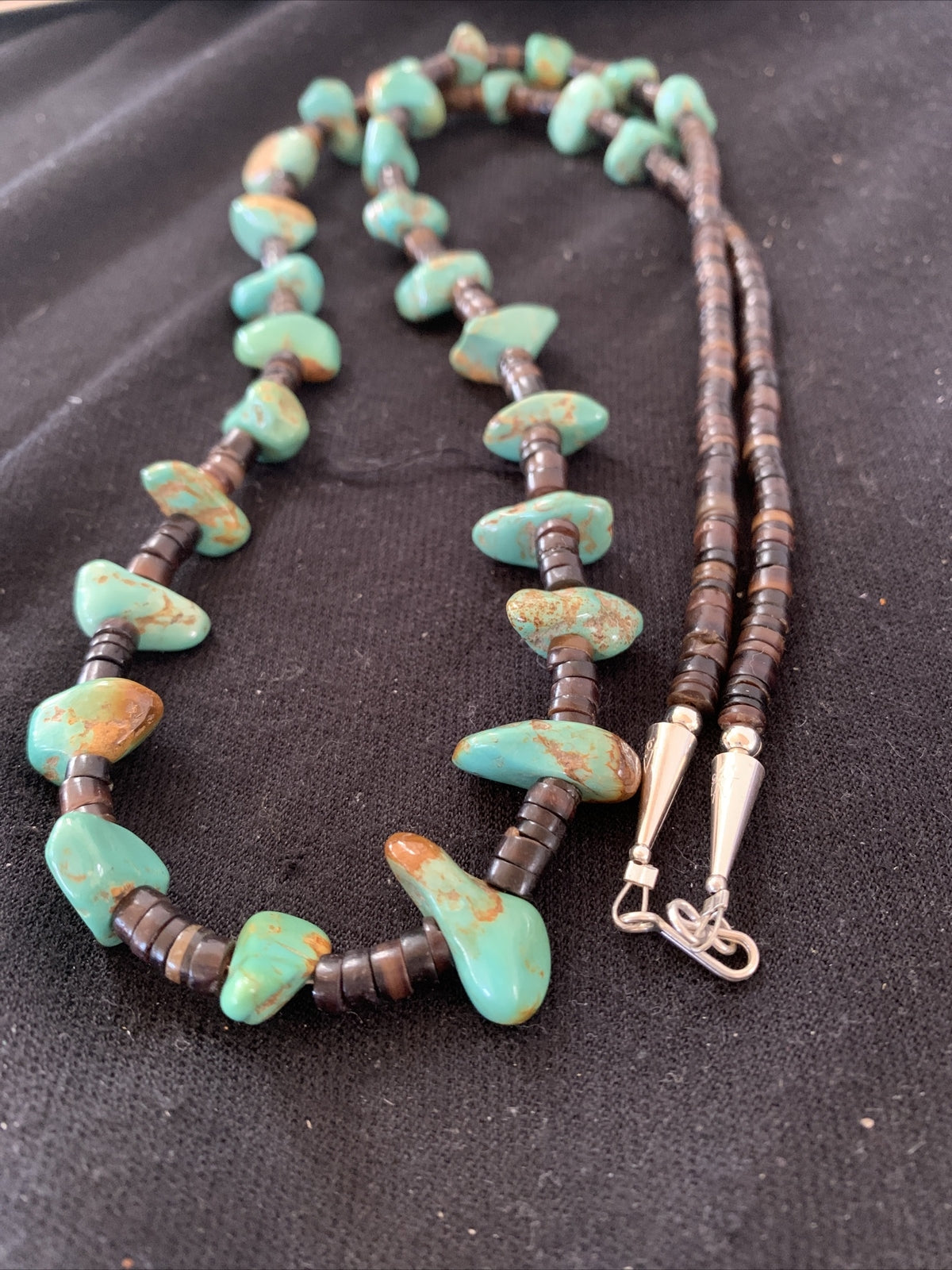 Native Navajo 30" Turquoise Shell Heishi Sterling Silver Bead Necklace 00764