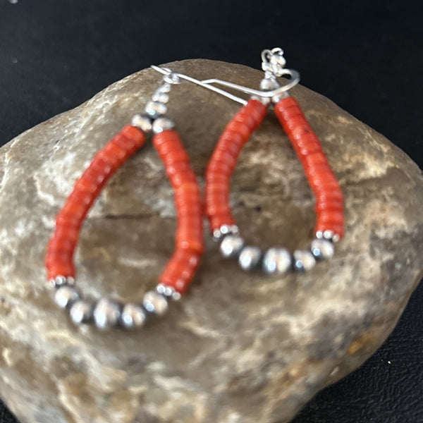 Red Coral Bead Earrings Navajo | Sterling Silver | Authentic Native American Handmade | 14383