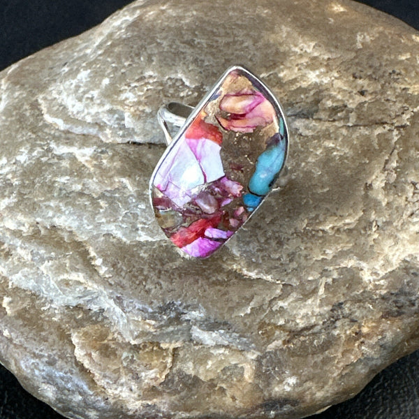 Blue Turquoise Spiny Oyster Navajo Ring Size 8 | Sterling Silver | Authentic Native American Handmade | 18232
