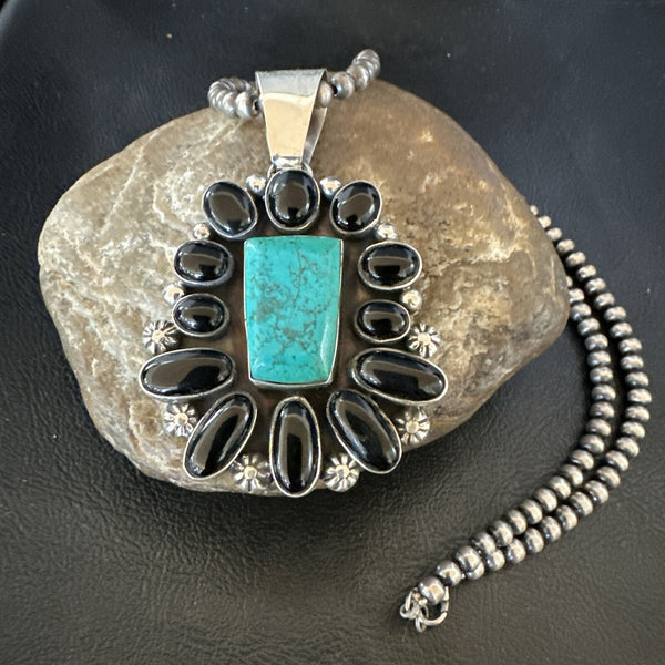 Women's Black Onyx Blue Turquoise Pendant Navajo Necklace | Sterling Silver | Authentic Native American Handmade | 18401