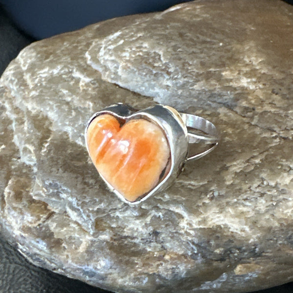 Orange Heart Ring Handmade Navajo Spiny Oyster Sz 8 | Sterling Silver | Authentic Native American Handmade | 19326
