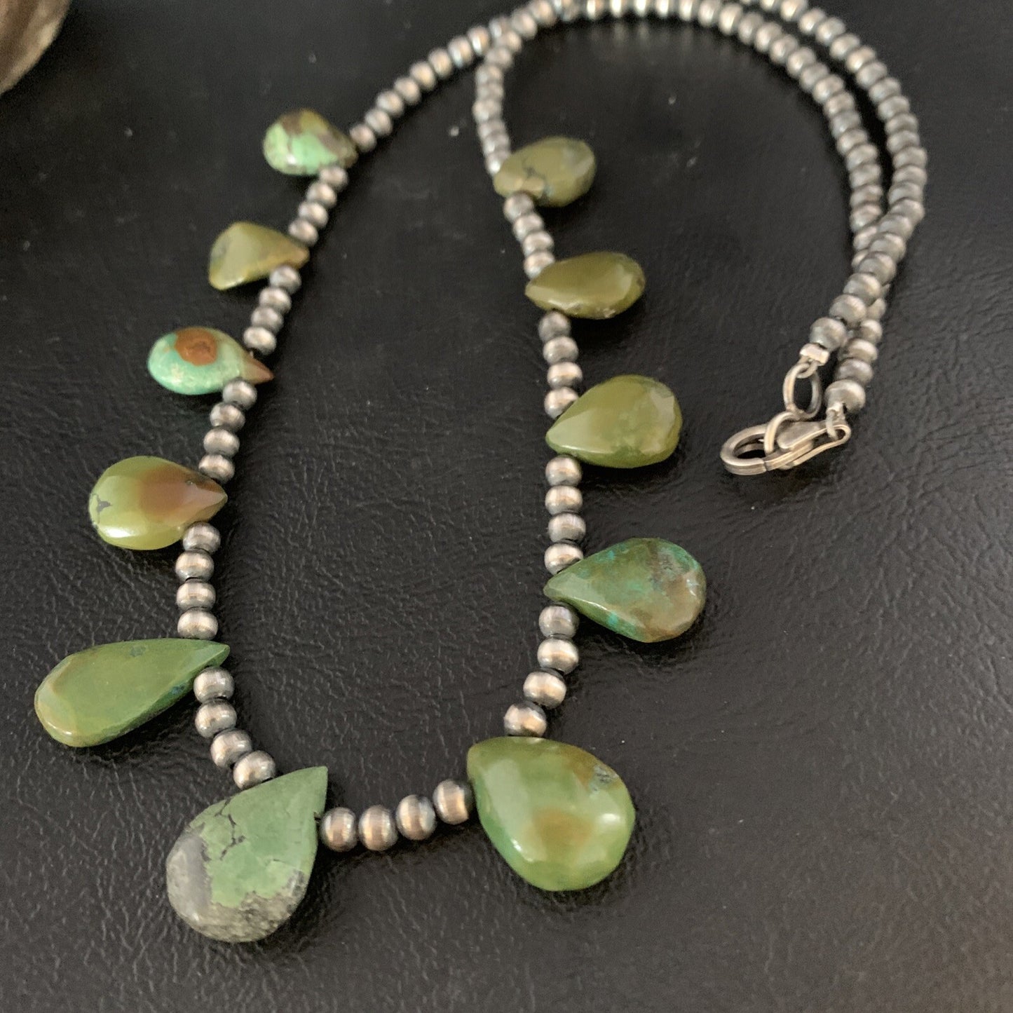 Teardrop Navajo Pearls Sterling Silver Green Turquoise Necklace 20" 13508