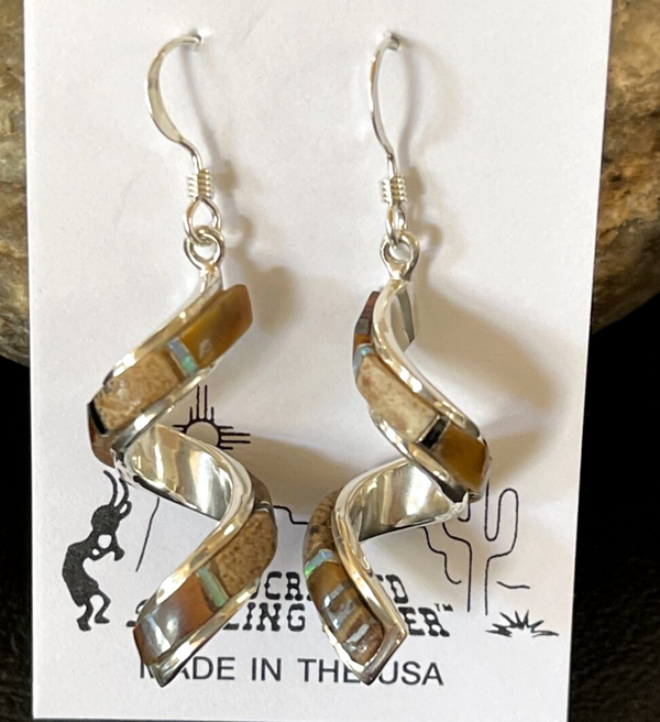 Tiger's Eye Opal Inlay Swirl Navajo Earrings 1.25" | Sterling Silver | Authentic Native American Handmade | 1552