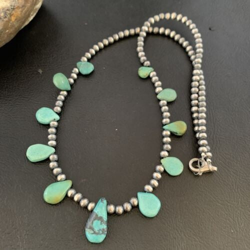 Navajo Pearls Necklace Sterling Silver Blue Turquoise Teardrop 13158