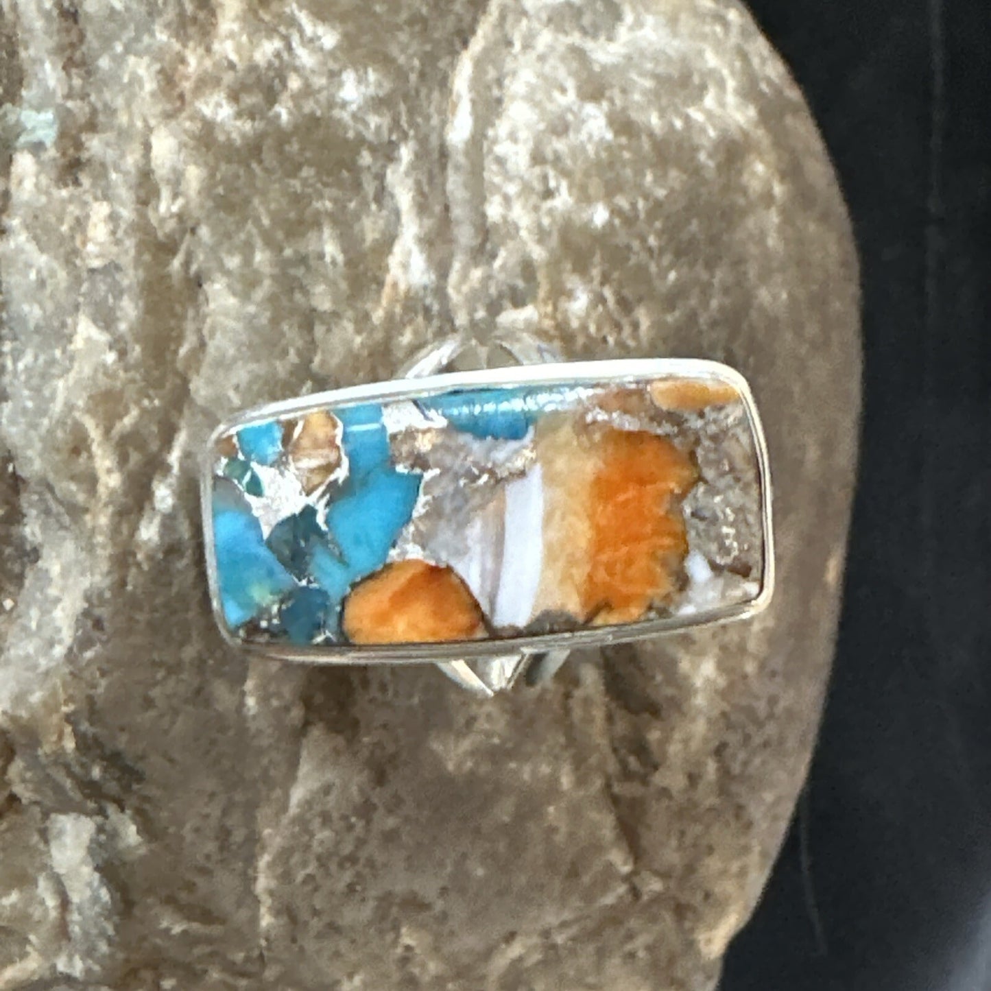 Blue Turquoise Spiny Oyster Southwestern Sterling Silver Ring Size 6 18513