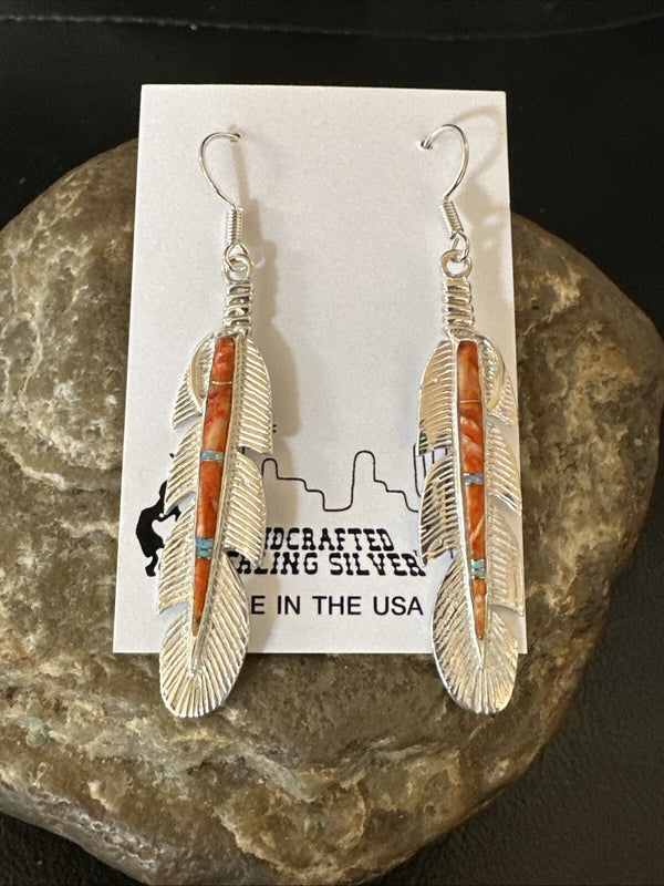 Orange Spiny Oyster Opal Handmade Inlay Feather Earrings | Sterling Silver | Authentic Native American Handmade | 18695