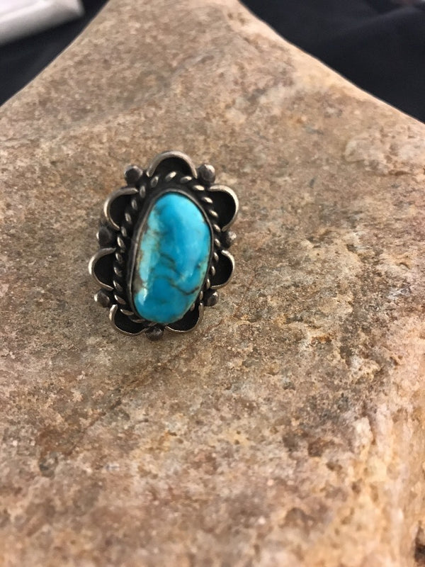 Blue Turquoise Southwestern Vintage Ring Size 8.5 | Sterling Silver | Authentic Native American Handmade
