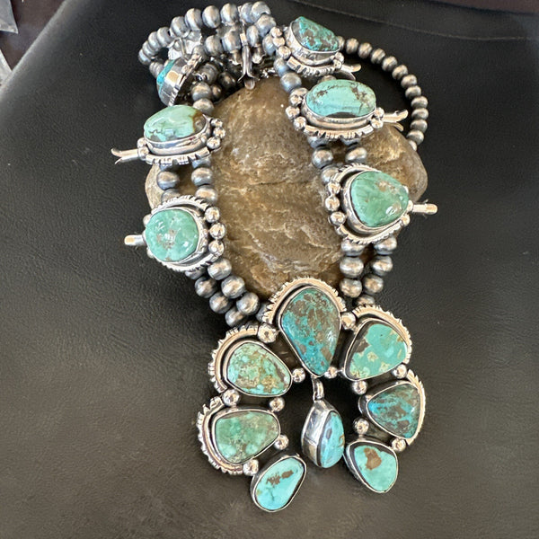 Green Royston Turquoise Navajo Squash Naja Necklace | Sterling Silver | Authentic Native American Handmade | 18236