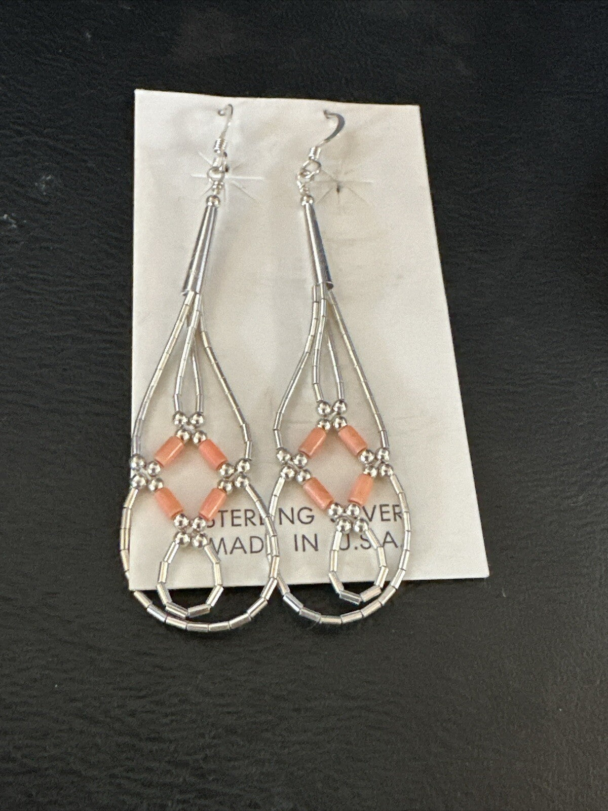 Pink Coral 2 Strands Heishi Liquid Sterling Silver Dangle Earrings 2" 17983