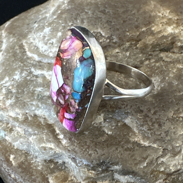 Blue Turquoise Spiny Oyster Navajo Ring Size 8 | Sterling Silver | Authentic Native American Handmade | 18232