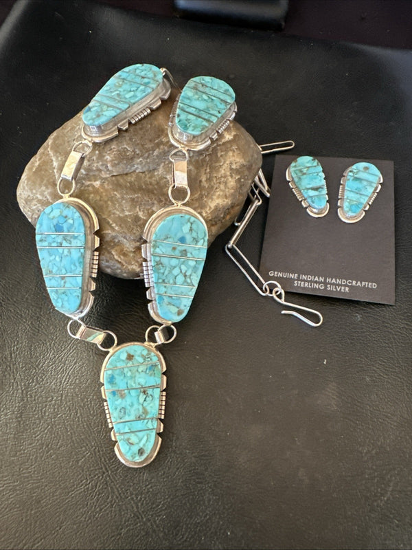 Inlay Kingman Turquoise Lariat Necklace Pendant Earrings | Sterling Silver | Authentic Native American Handmade | 19075