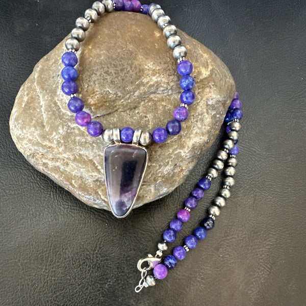 Purple Stone Pendant Navajo Pearls Necklace 22" | Sterling Silver | Authentic Native American Handmade | 18294