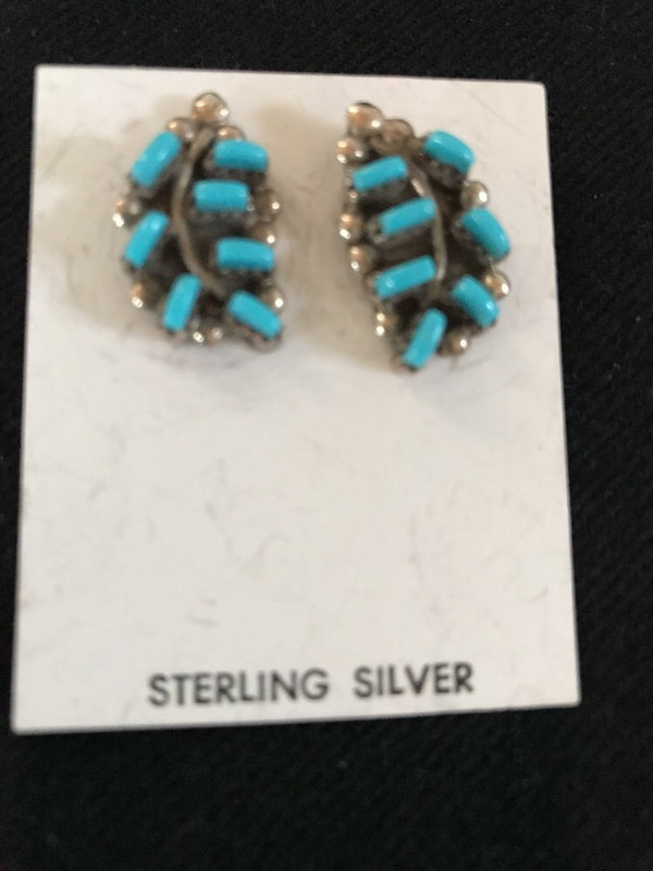 Turquoise Petite Point Zuni Earrings | Sterling Silver | Authentic Native American Handmade | 01607