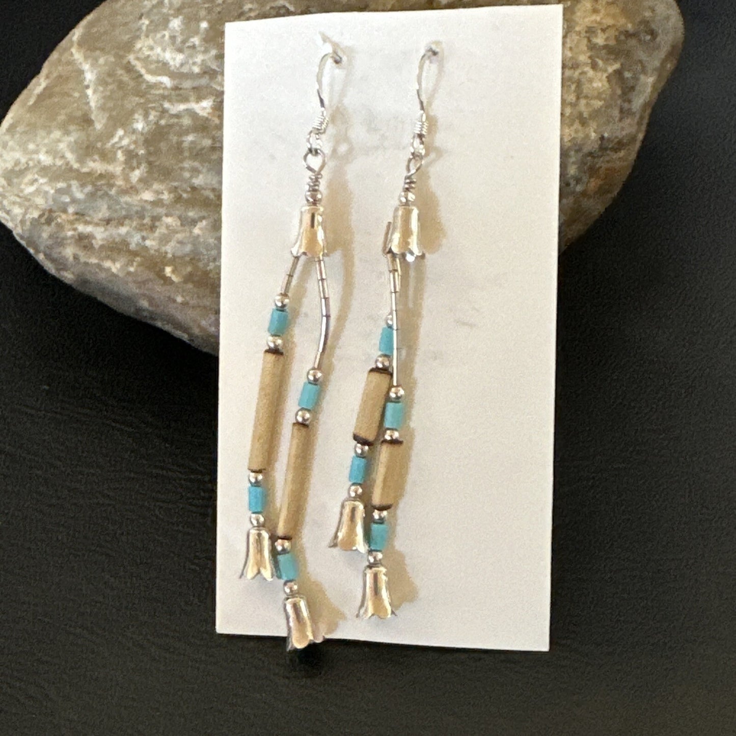 Blue Turquoise Shell Heishi Liquid Sterling Silver Dangle Bead Earrings 17934