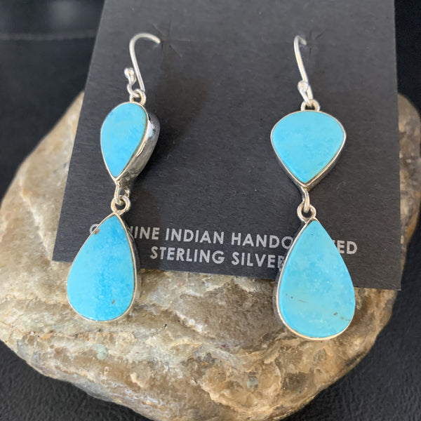 Kingman Turquoise Handmade Navajo Dangle Earrings 1.75" | Sterling Silver | Authentic Native American Handmade | 13897
