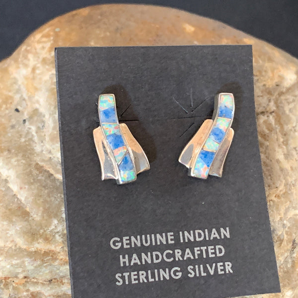 Women Blue Denim Lapis White Opal Navajo Inlay Earrings | Sterling Silver | Authentic Native American Handmade | 128900