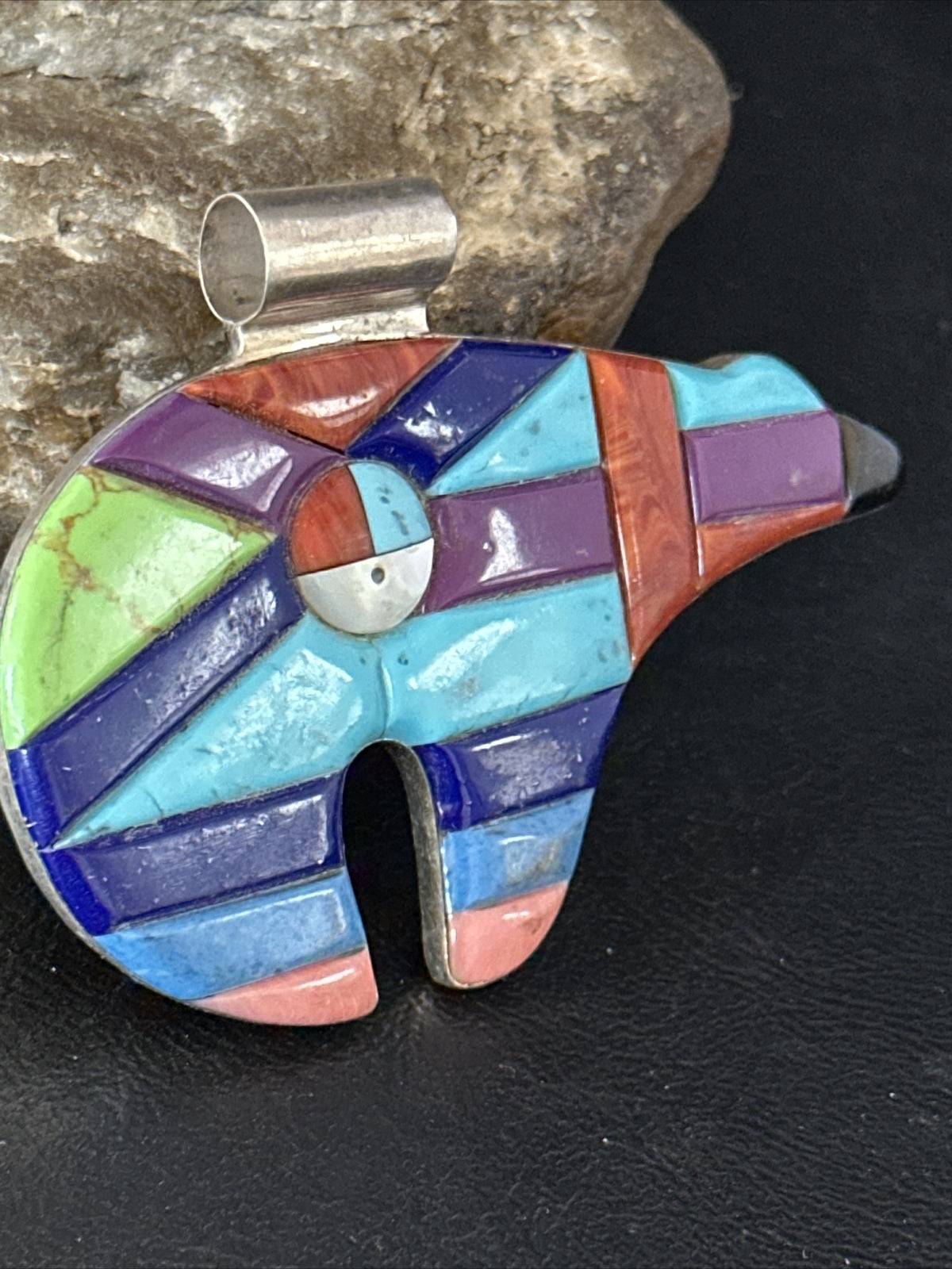 BEAR Mens Womens Navajo Sterling Multi-Color Turquoise Inlay Pendant 14226