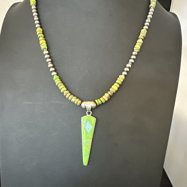 Women's Green Gaspeite Turquoise Opal Pendant Necklace | Sterling Silver | Authentic Native American Handmade | 19547