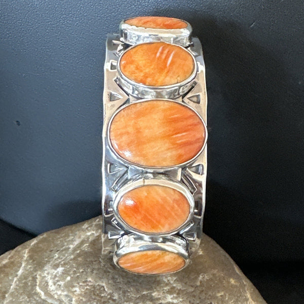 Stamped Orange Spiny Oyster Navajo 5 Stone Cuff Bracelet | Sterling Silver | Authentic Native American Handmade | 17941