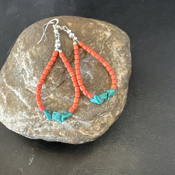 Blue Turquoise Coral Navajo Earrings 2" | Sterling Silver | Authentic Native American Handmade | 18833