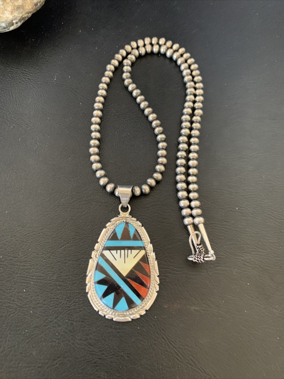 Turquoise Mother Of Pearl Coral Onyx Pendant Zuni Sterling Silver Necklace 12260
