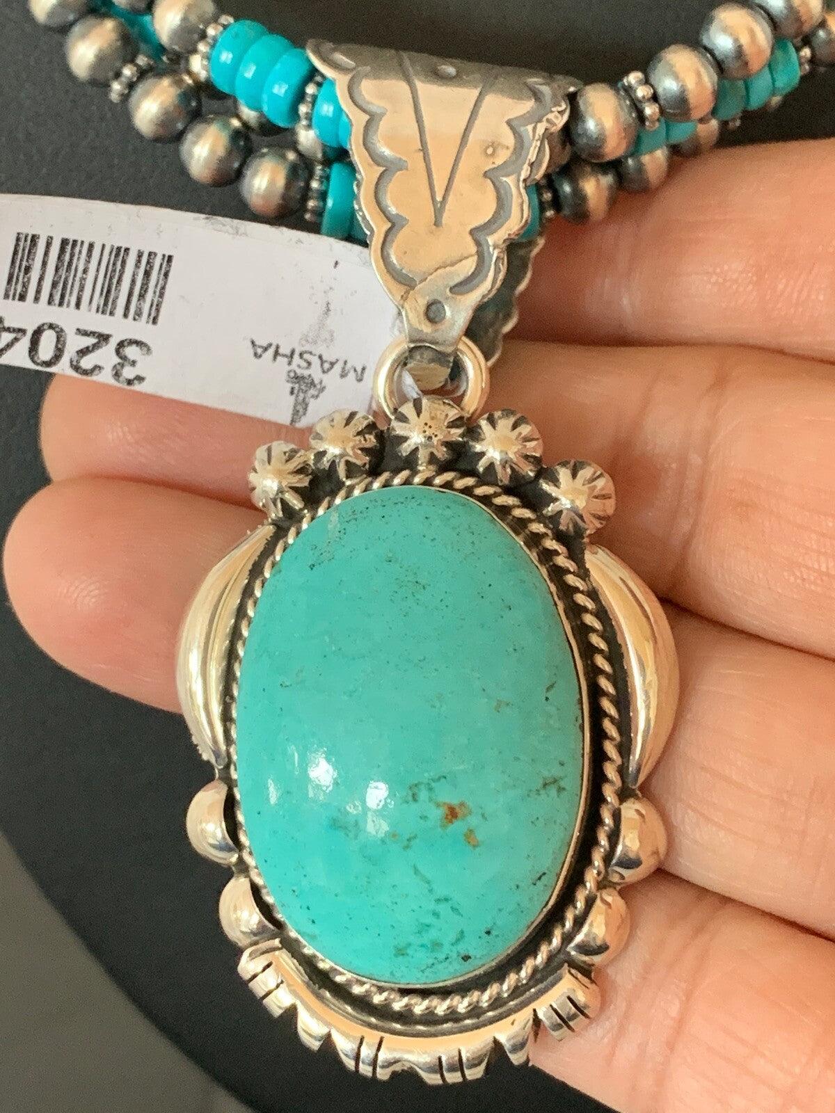 Kingman Turquoise Pendant 3 Strands Navajo Pearls Sterling Silver Necklace 03204