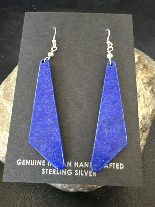 Navajo Slab Blue Lapis Earrings 2" | Sterling Silver | Authentic Native American Handmade | 17878