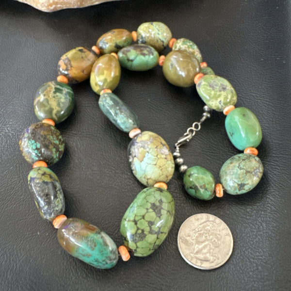 Blue Green Turquoise Spiny Chunky Navajo Necklace 21" | Sterling Silver | Authentic Native American Handmade | 19255