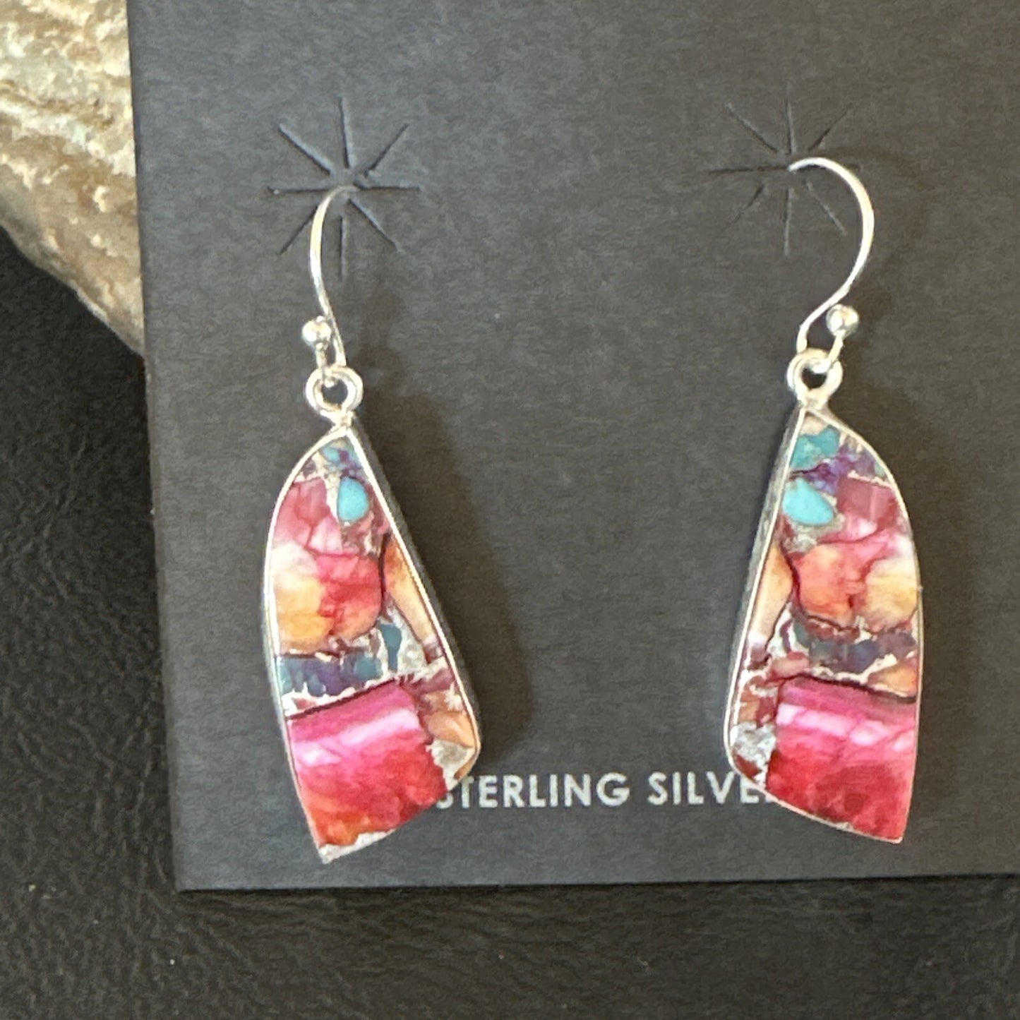 Blue Turquoise Purple Spiny Oyster Inlay Sterling Silver Dangle Earrings 15565