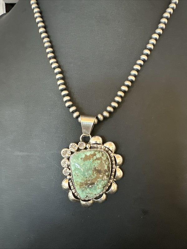 Men Women Green Royston Turquoise Pendant Navajo Yazzie | Sterling Silver | Authentic Native American Handmade | 19567