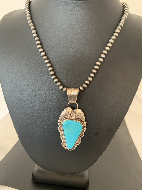 Blue Kingman Turquoise Pendant Navajo Pearls Necklace 20" | Sterling Silver | Authentic Native American Handmade | 00392