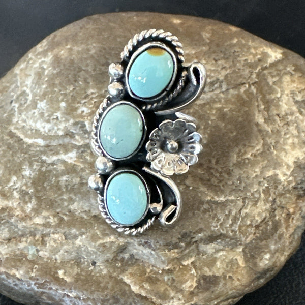 Yazzie Ring Blue Turquoise Navajo Cluster Size 8.5 | Sterling Silver | Authentic Native American Handmade | 19225