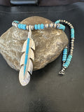 Men's Feather Turquoise Pendant Navajo Necklace | Sterling Silver | Authentic Native American Handmade | 18668