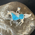 Horse Inlay Southwestern Cowboy Blue Turquoise Pendant 2" | Sterling Silver | Authentic Native American Handmade | 19160