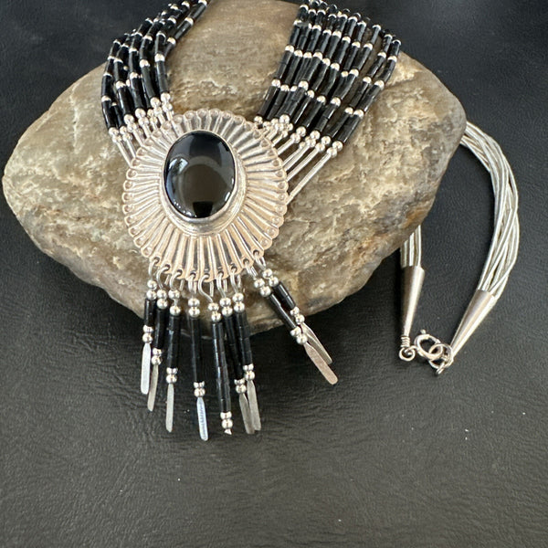 Black Onyx Liquid Silver 10S Heishi Tubes 19"Necklace Concho Pendant | Authentic Native American Handmade | 17707