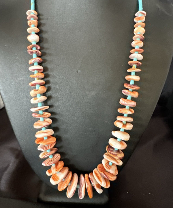 Spiny Oyster Turquoise Heishi Navajo Necklace 22" | Sterling Silver | Authentic Native American Handmade | 17756
