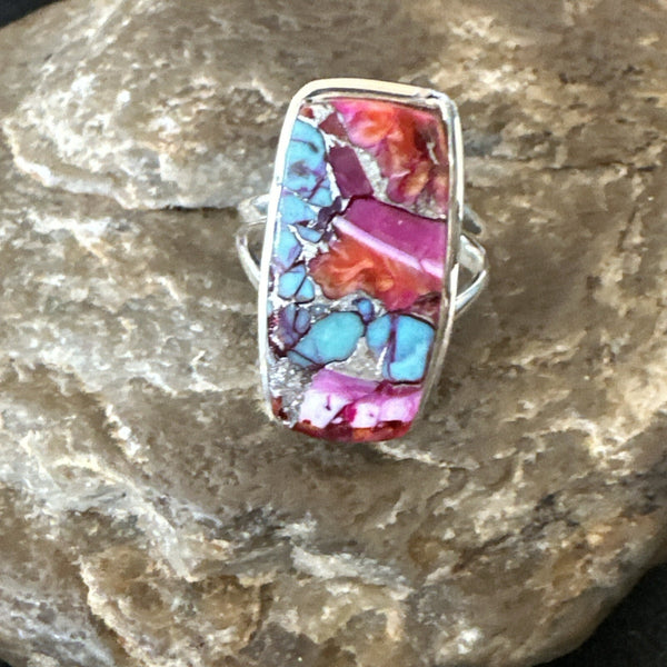 Blue Turquoise Spiny Oyster Southwestern Ring Size 7 | Sterling Silver | Authentic Native American Handmade | 18492