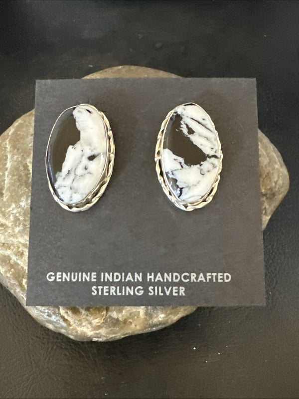 Women White Buffalo Turquoise Navajo Post Earrings | Sterling Silver | Authentic Native American Handmade | 19096