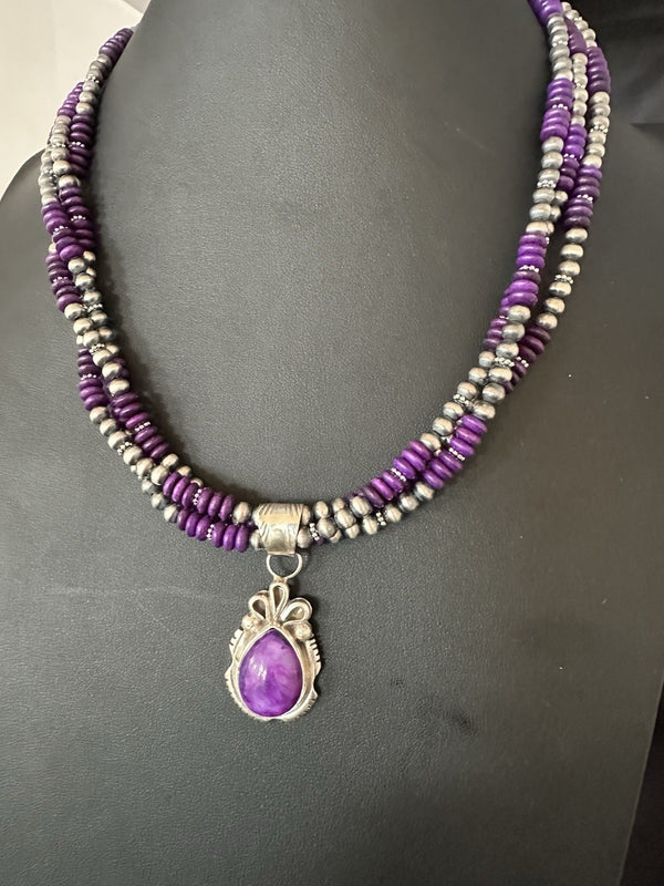 Navajo 3 Strand Purple Stone Necklace Pendant 22" | Sterling Silver | Authentic Native American Handmade | 19304