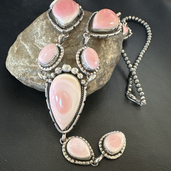 Pink Queen Conch Lariat Necklace Navajo Pendant 28" | Sterling Silver | Authentic Native American Handmade | 19334